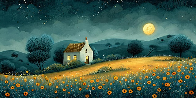Free ai generated cottage moonlight illustration