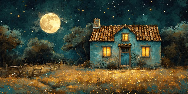Free ai generated cottage moonlight illustration