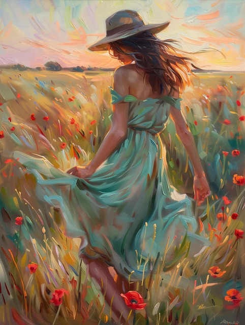 Free woman field poppies illustration