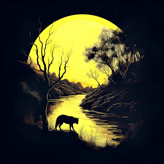 Ai Generado, Luna, Río, Lobo, Noche
