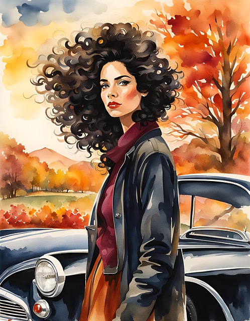 Free woman car landscape illustration