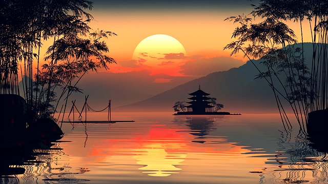 Japón, Agua, Montañas, Atardecer, Isla