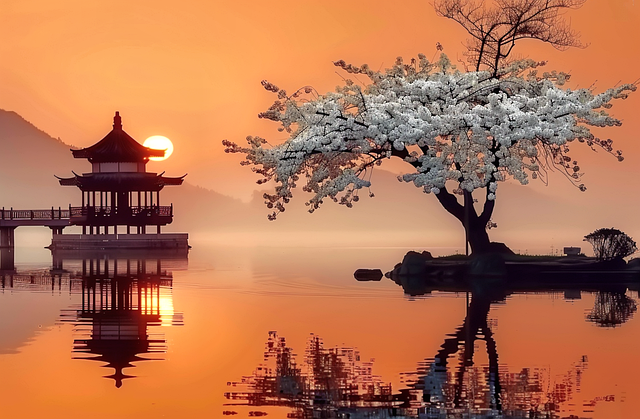 Japón, Agua, Amanecer, Muelle, Cereza