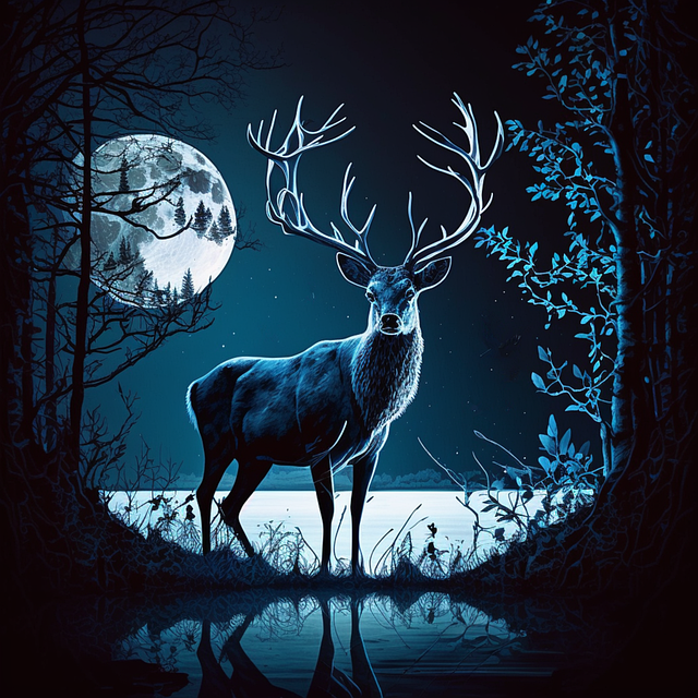 Noche, Luna, Ciervo, Bosque, Árboles