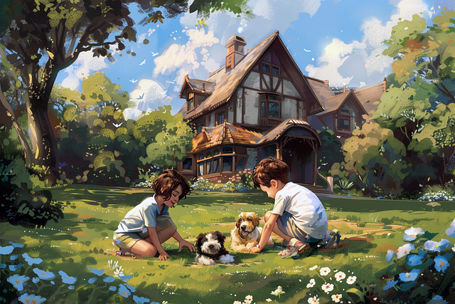 Download free HD stock image of Ai Generated Children Free ai generated children dogs illustration