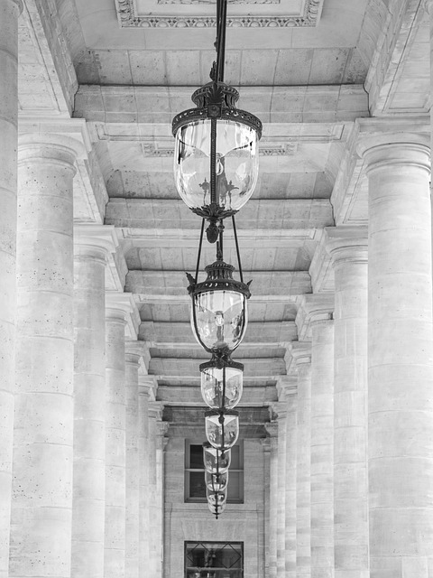 palais-royal, architecture, paris, columns, building, historical, landmark, monochrome