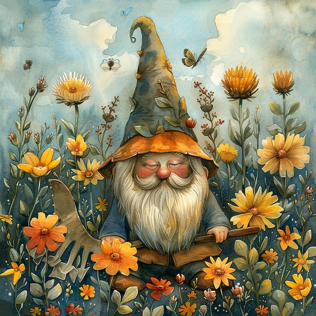Free garden gnome illustration spring fantasy art whimsical gnome design illustration