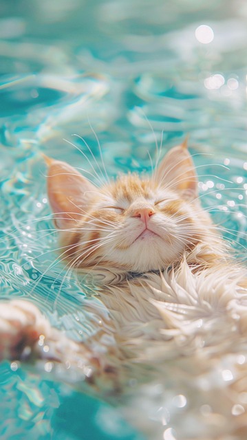 Ai产生的, 猫, 浴, 水池, 可爱的, 阳光, 水溅, 猫科动物, 动物