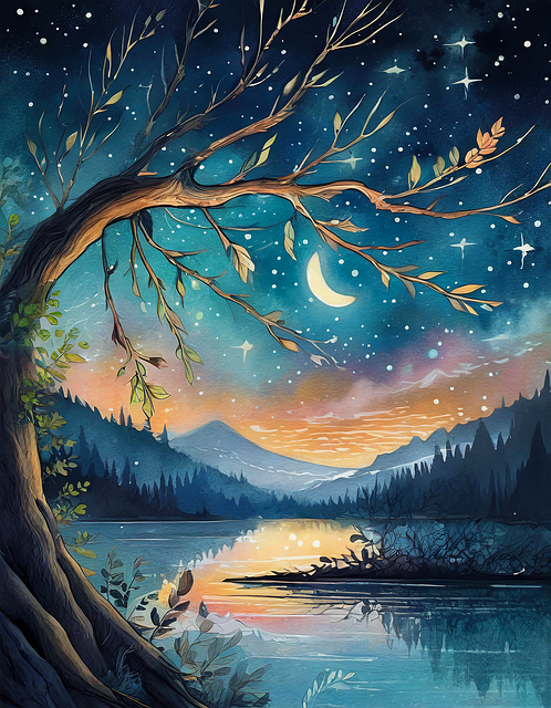 Free trees lake moon illustration