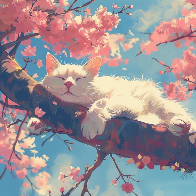 Free ai generated cat cherry blossoms illustration