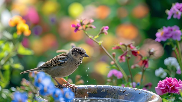 Free ai generated sparrow birdbath illustration