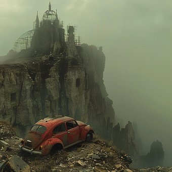 Ai Generado, Restos, Coche, Abandonado