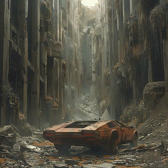 Ai Generado, Restos, Coche, Abandonado