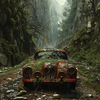 Ai Generado, Restos, Coche, Abandonado
