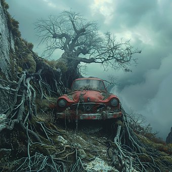 Ai Generado, Restos, Coche, Abandonado