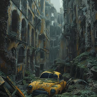Ai Generado, Restos, Coche, Abandonado