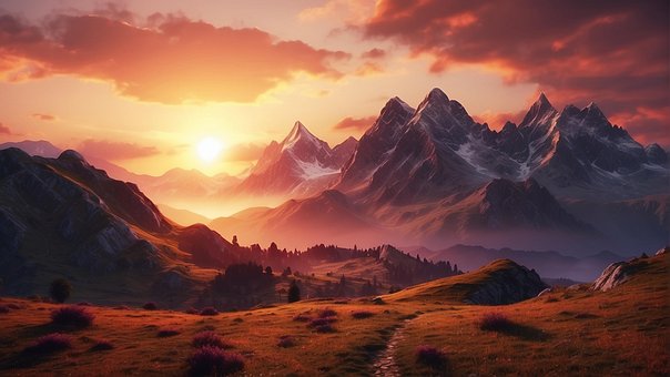 Ai Generado, Montañas, Atardecer