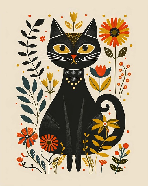 Free ai generated cat nordic folk art illustration