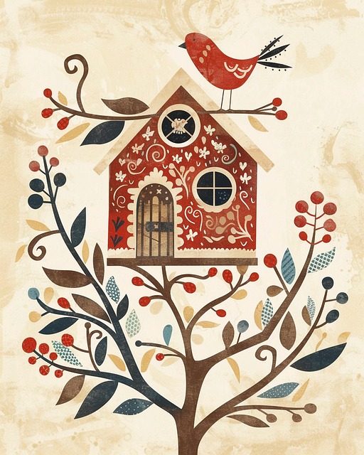 Free ai generated bird house nordic folk art illustration
