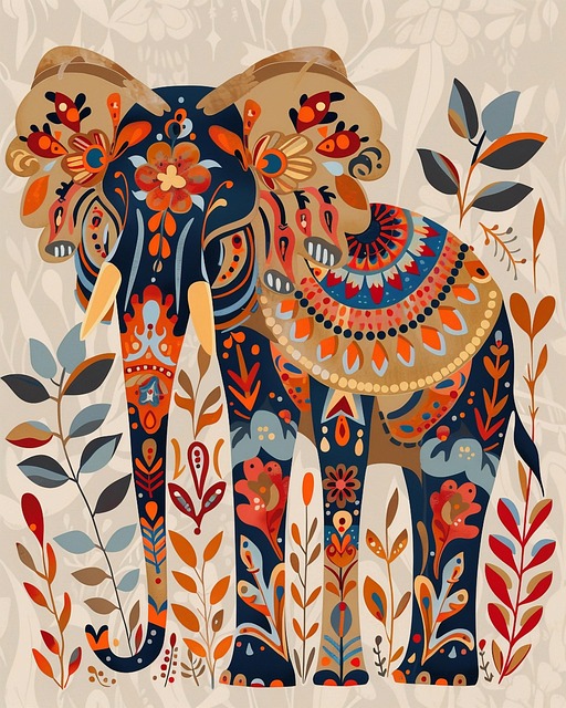 Free ai generated elephant nordic folk art illustration