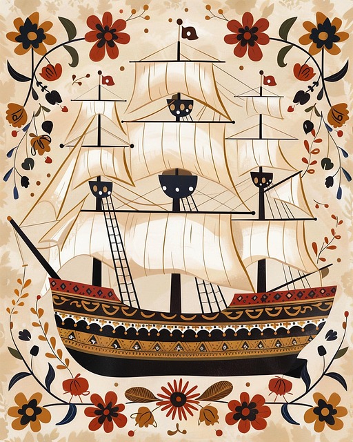 Free ai generated clipper ship nordic folk art illustration