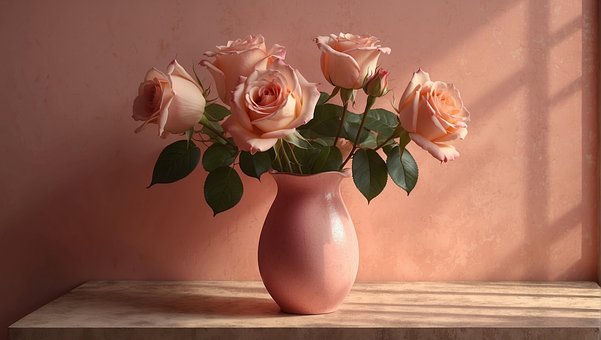 Ai Generiert, Rosa, Rosen, Blumenvase