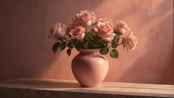 Ai Generiert, Rosa, Rosen, Blumenvase