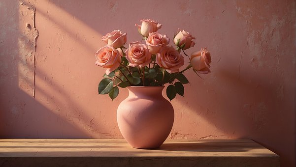 Ai Generiert, Rosa, Rosen, Blumenvase