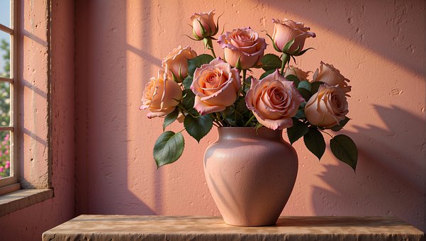 Ai Generiert, Rosa, Rosen, Blumenvase