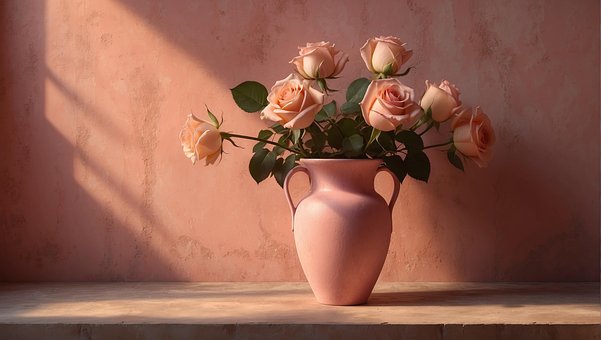 Ai Generiert, Rosa, Rosen, Blumenvase