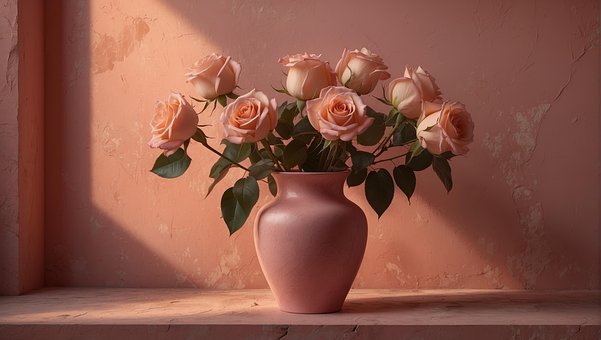 Ai Generiert, Rosa, Rosen, Blumenvase