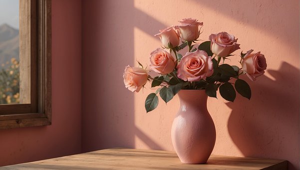 Ai Generiert, Rosa, Rosen, Blumenvase