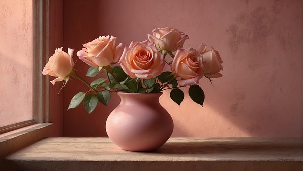 Ai Generiert, Rosa, Rosen, Blumenvase