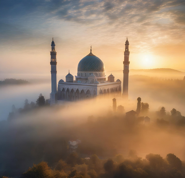 Free ai generated mosque foggy landscape illustration