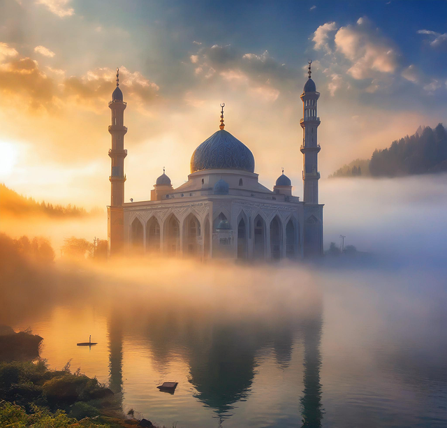 Free ai generated mosque foggy landscape illustration