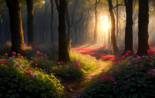 Download free HD stock image of Spring Forest Free spring forest sunset illustration