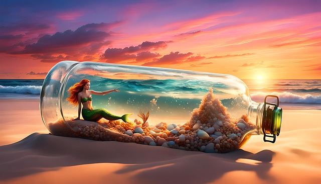 Free mermaid glass bottle beach illustration