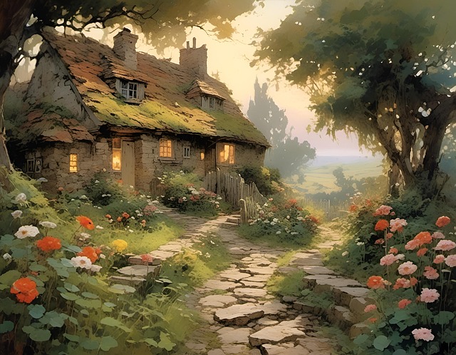 Free house garden path lake illustration