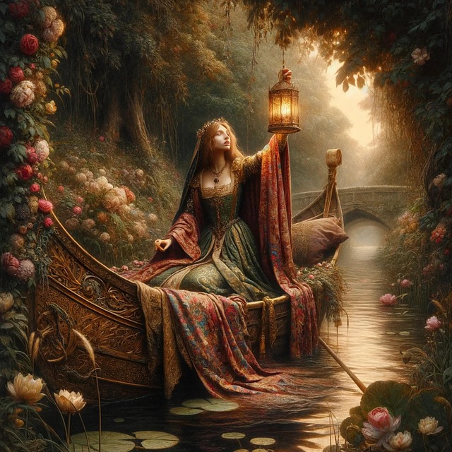 Free ai generated lady of shalott boat illustration