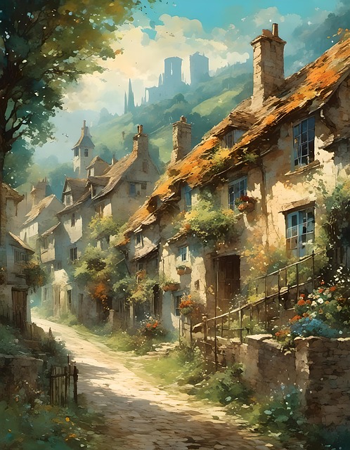 Free village scotland mountains illustration