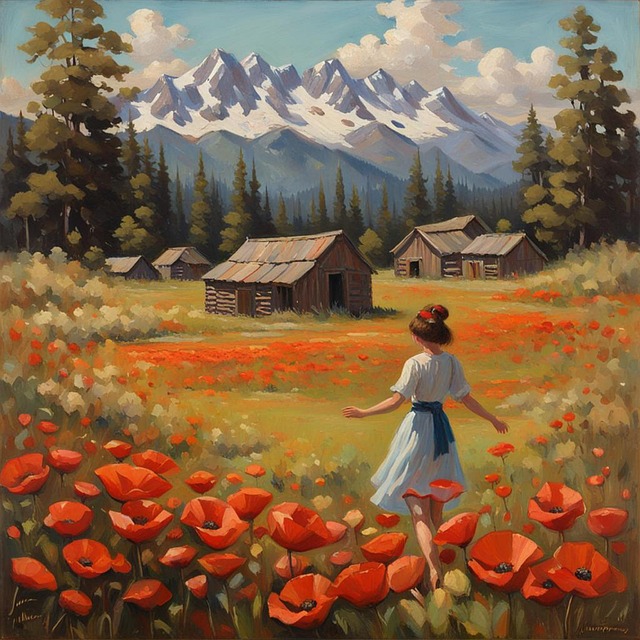 Pintura A Óleo, Campo, Papoulas, Garota