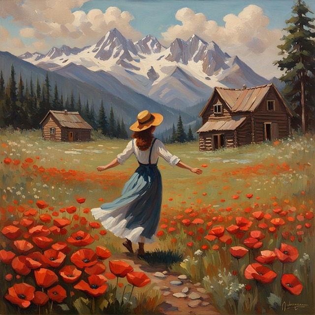 Pintura A Óleo, Campo, Papoulas, Garota