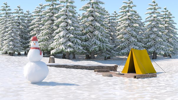 森林, 雪, 帐篷, 黄色, 野营, 火, 抽烟, 树木, 雪人, 围巾