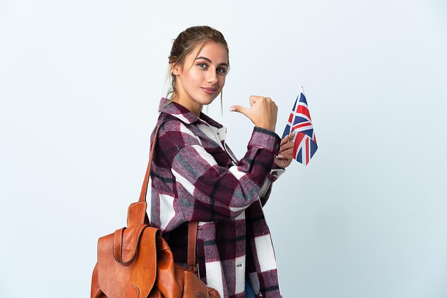 女性, 英語の旗, 学生, 自信を持って, ポジティブ, 誇り, 成功, 大学