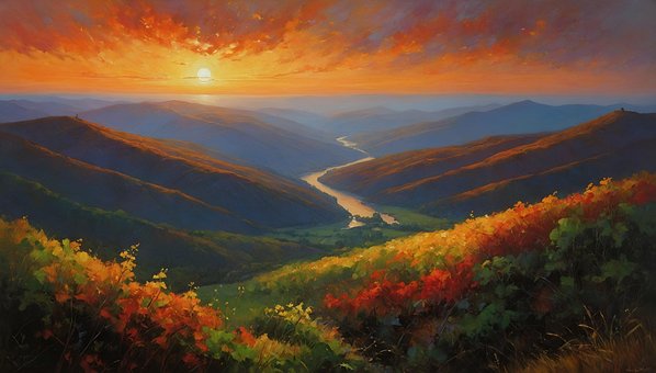 Ai Generado, Atardecer, Montañas, Río