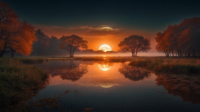 Free moon lake autumn illustration
