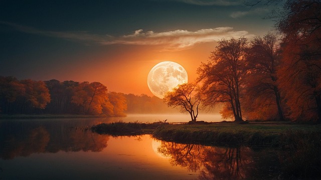 Free moon lake autumn illustration