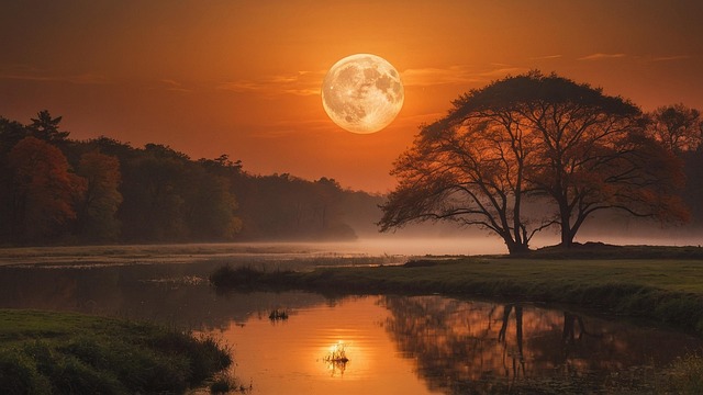 Free moon lake autumn illustration