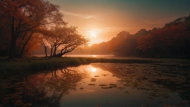 Free moon lake autumn illustration