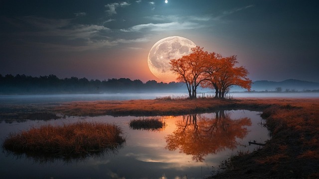 Free moon lake autumn illustration